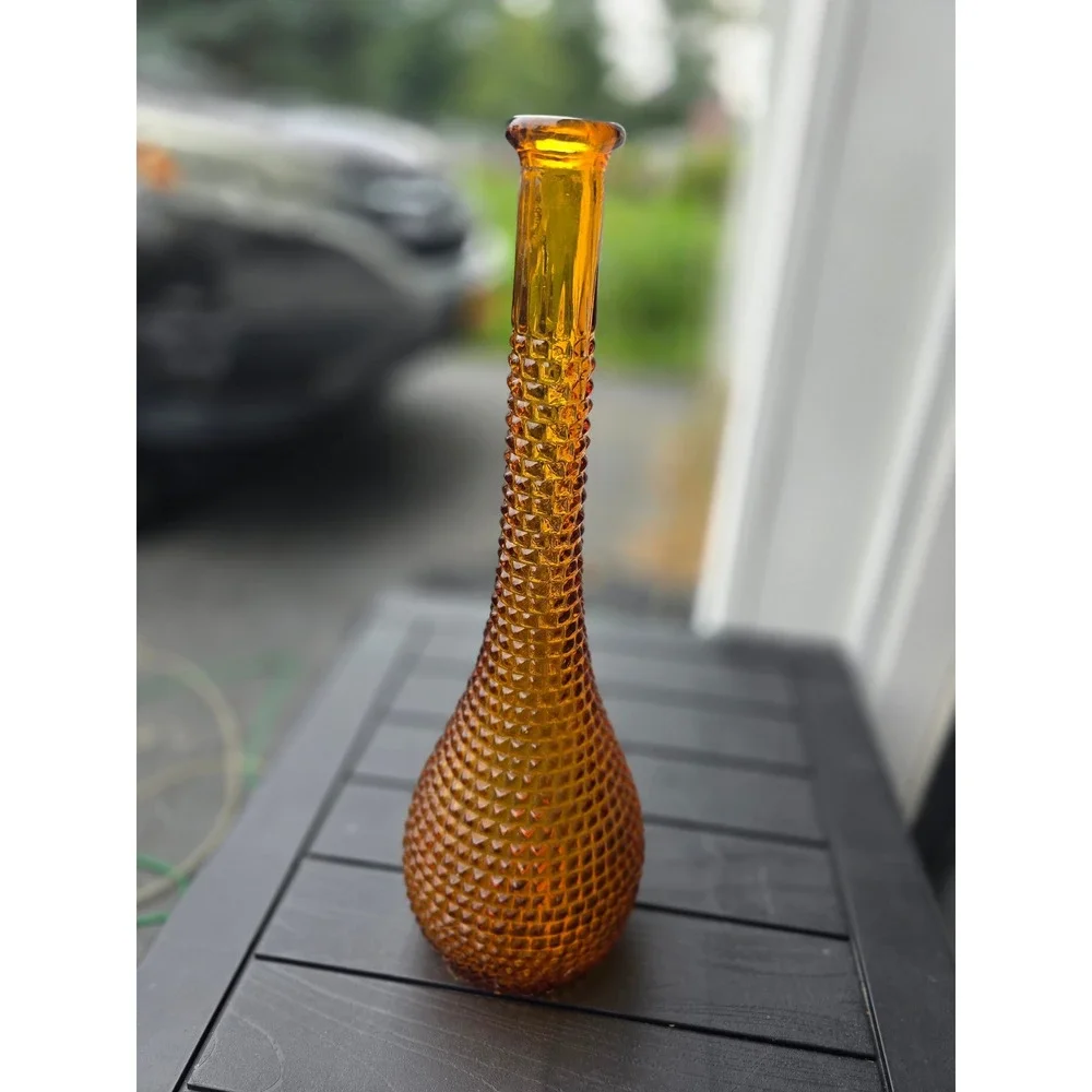 Amber Glass Genie Bottle Vase Diamond Point Hobnail Mid Century Modern 16in